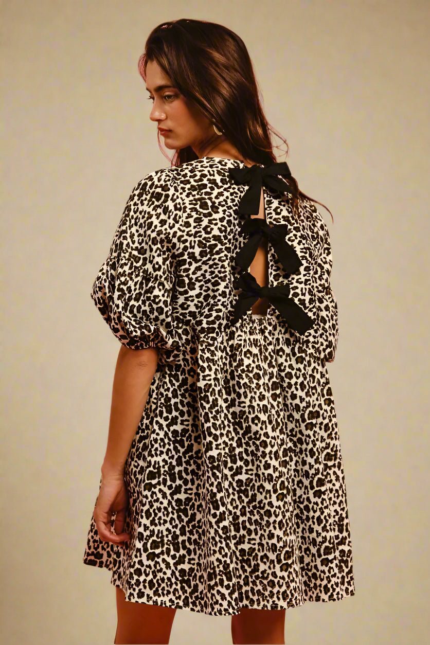 BiBi - Leopard Print Puff Sleeve Babydoll Dress with Back Bow Detail
