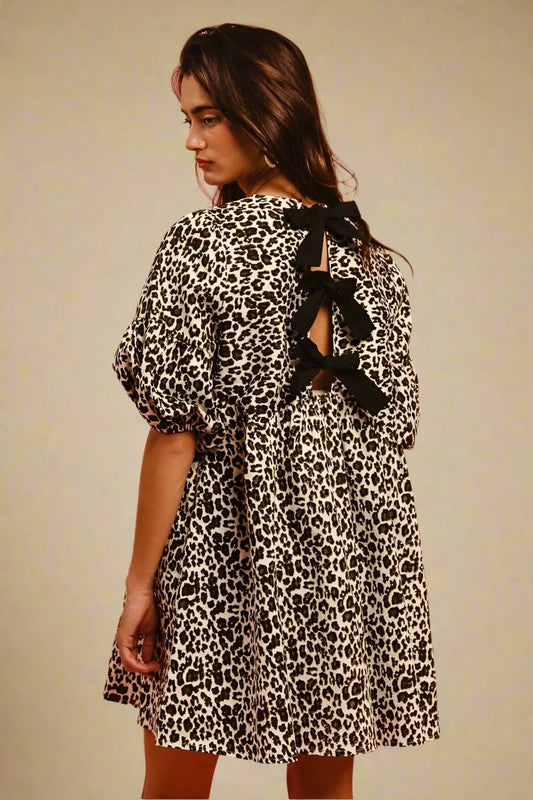BiBi - Leopard Print Puff Sleeve Babydoll Dress with Back Bow Detail