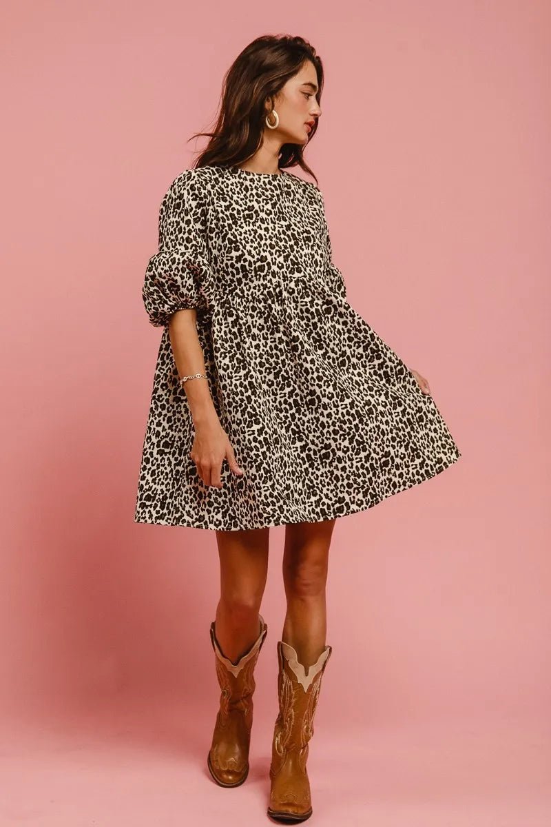 BiBi - Leopard Print Puff Sleeve Babydoll Dress with Back Bow Detail