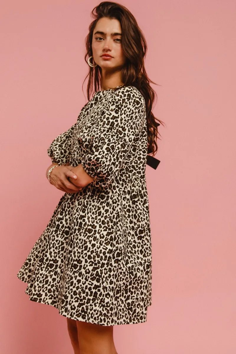 BiBi - Leopard Print Puff Sleeve Babydoll Dress with Back Bow Detail