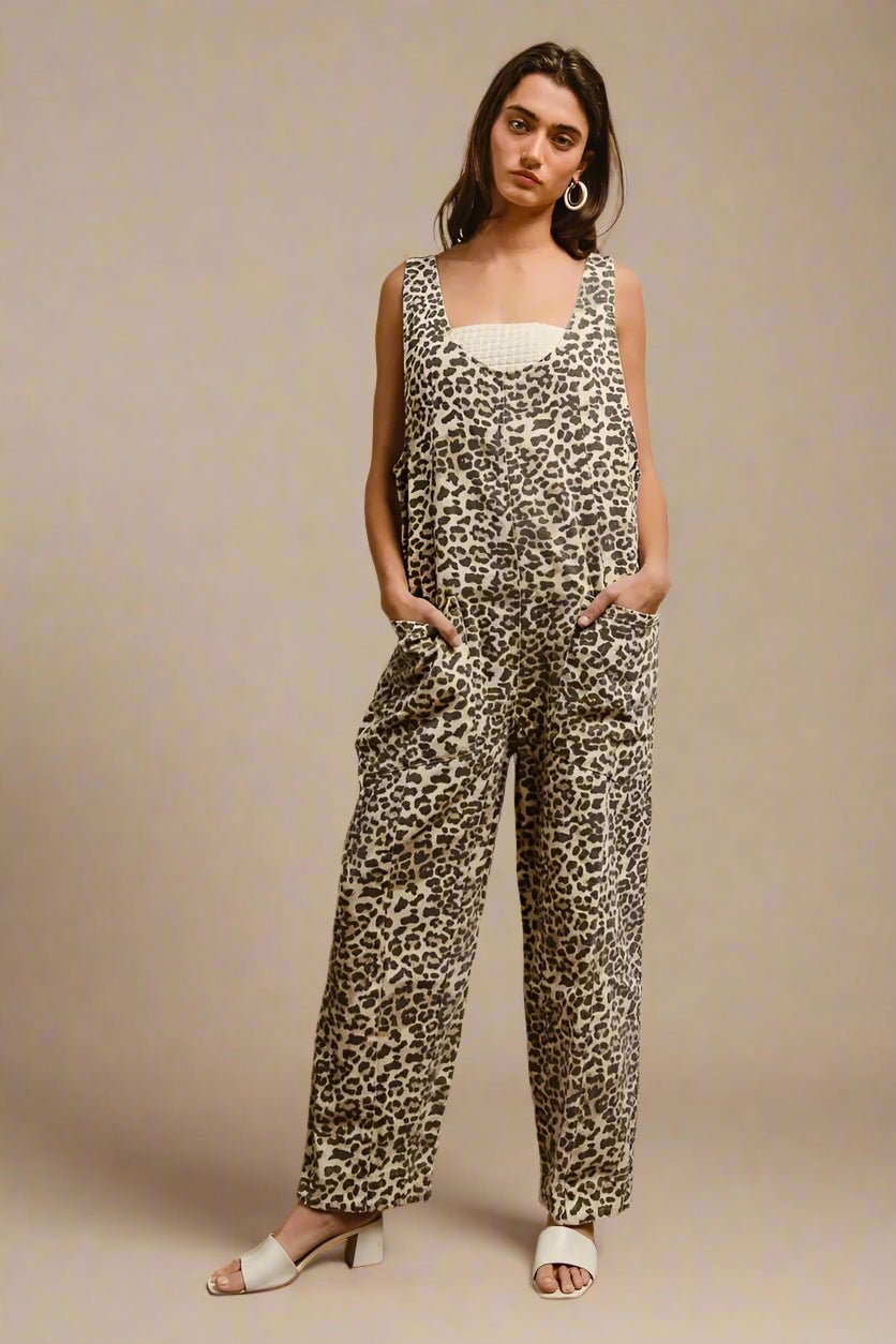 BiBi - Leopard Print Sleeveless Wide Leg Jumpsuit