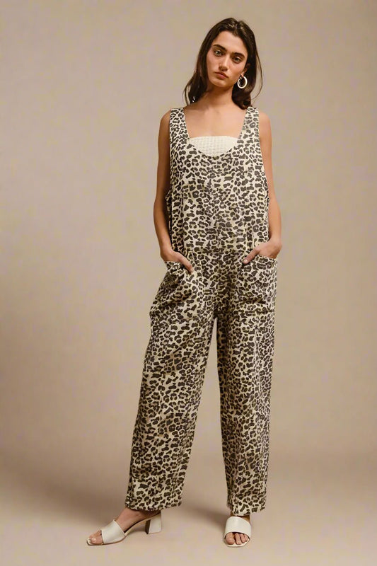 BiBi - Leopard Print Sleeveless Wide Leg Jumpsuit