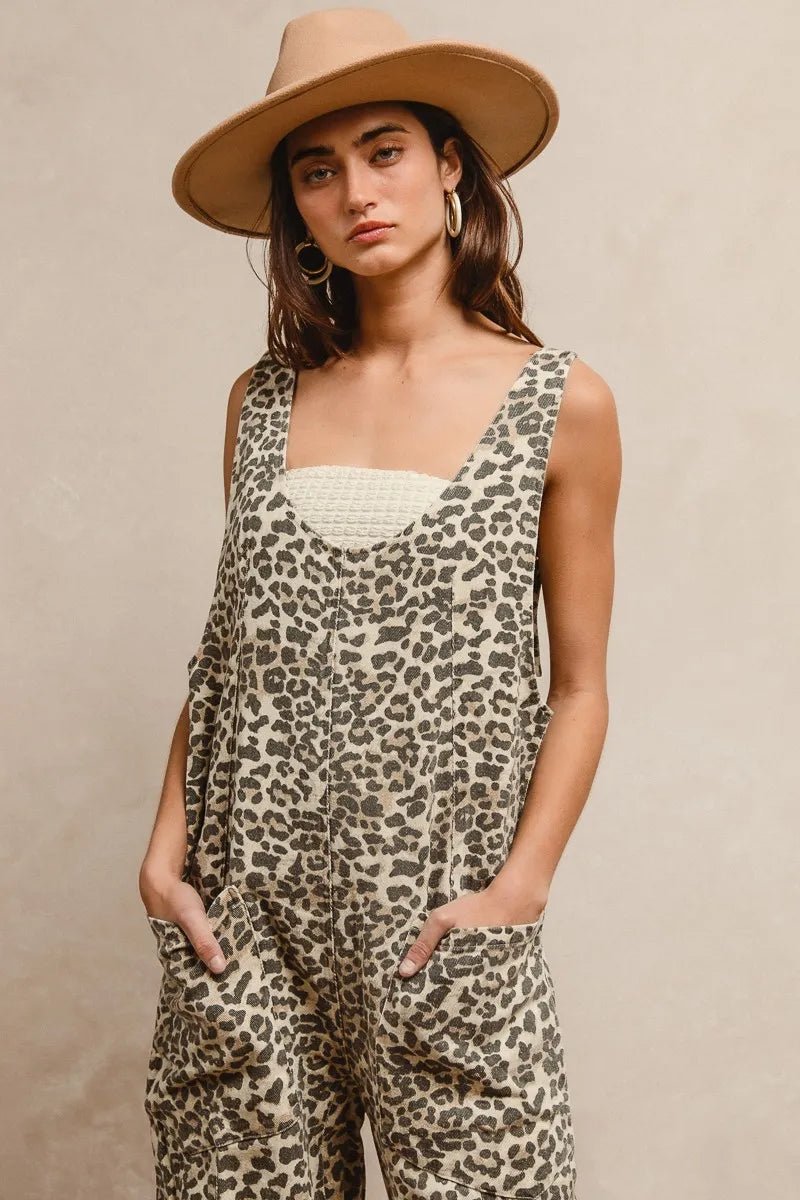 BiBi - Leopard Print Sleeveless Wide Leg Jumpsuit