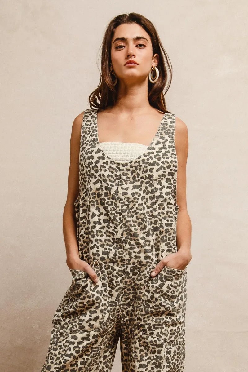 BiBi - Leopard Print Sleeveless Wide Leg Jumpsuit