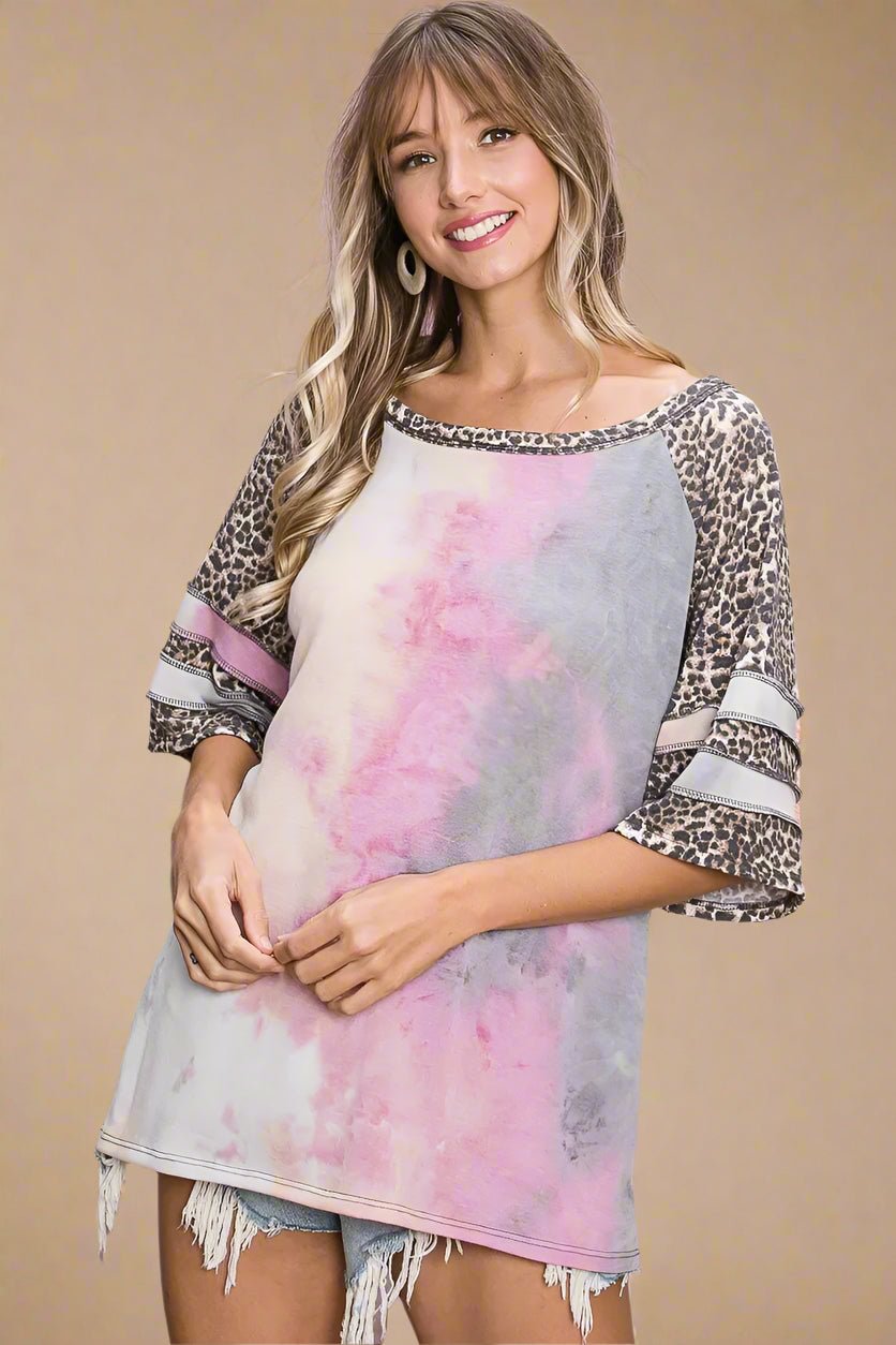 BiBi - Leopard Sleeve Tie - Dye Raglan Top – Pink & Gray