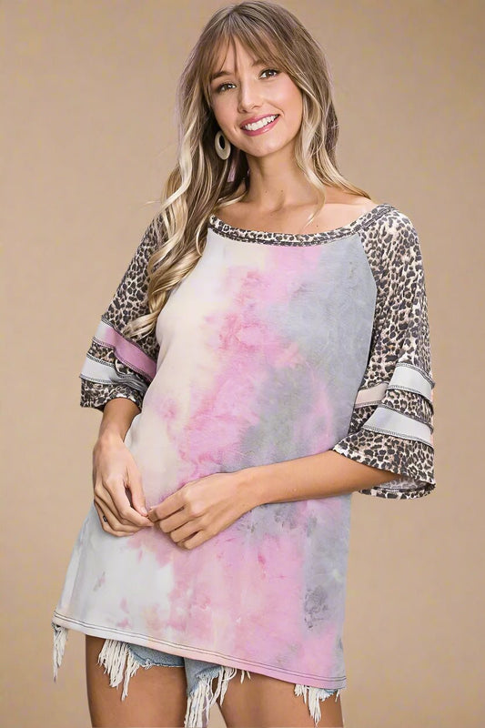 BiBi - Leopard Sleeve Tie - Dye Raglan Top – Pink & Gray