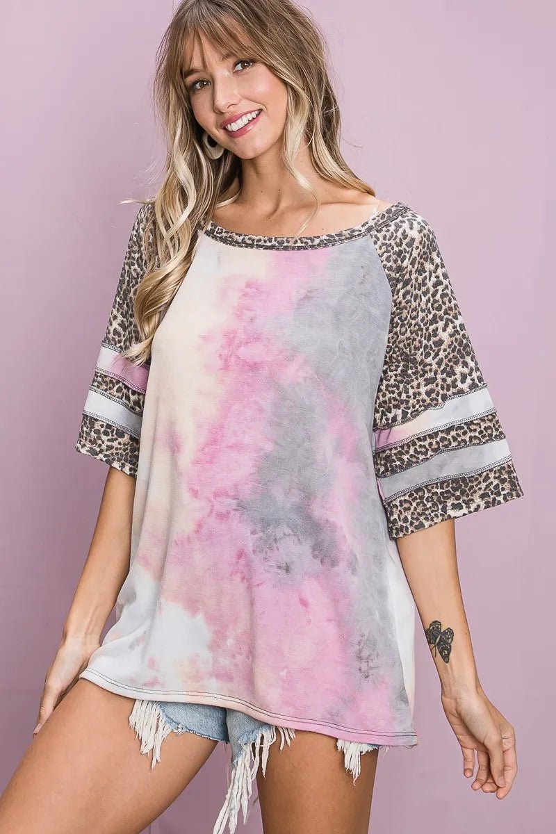 BiBi - Leopard Sleeve Tie - Dye Raglan Top – Pink & Gray