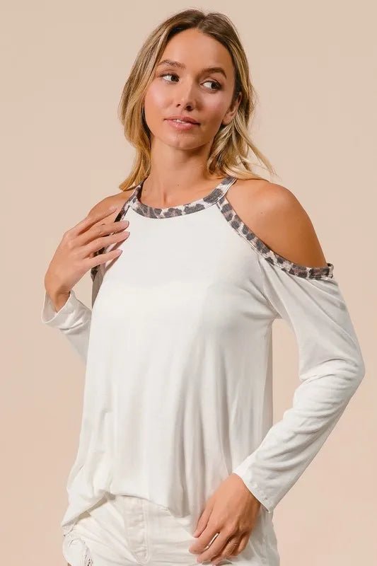 BiBi - Leopard Trim Cold Shoulder Long Sleeve Top in Cream