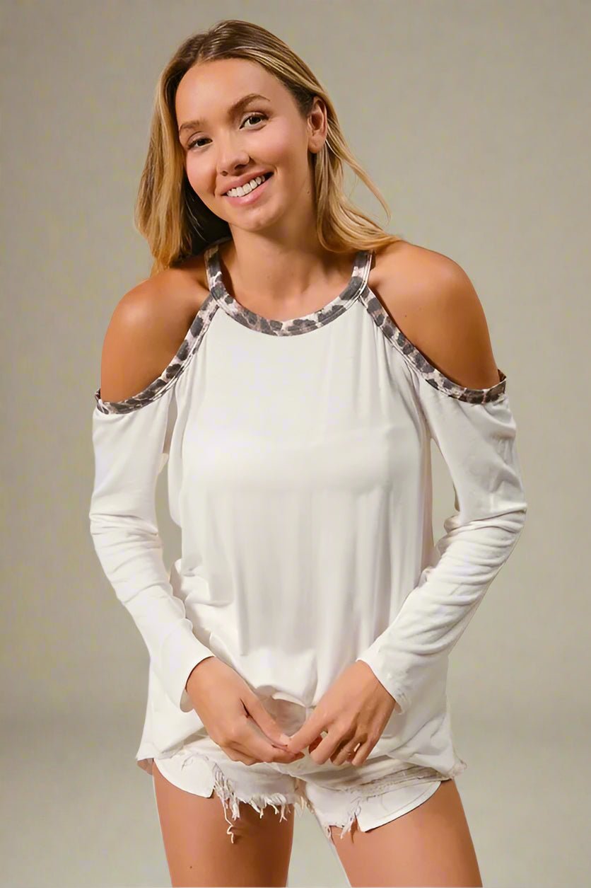 BiBi - Leopard Trim Cold Shoulder Long Sleeve Top in Cream