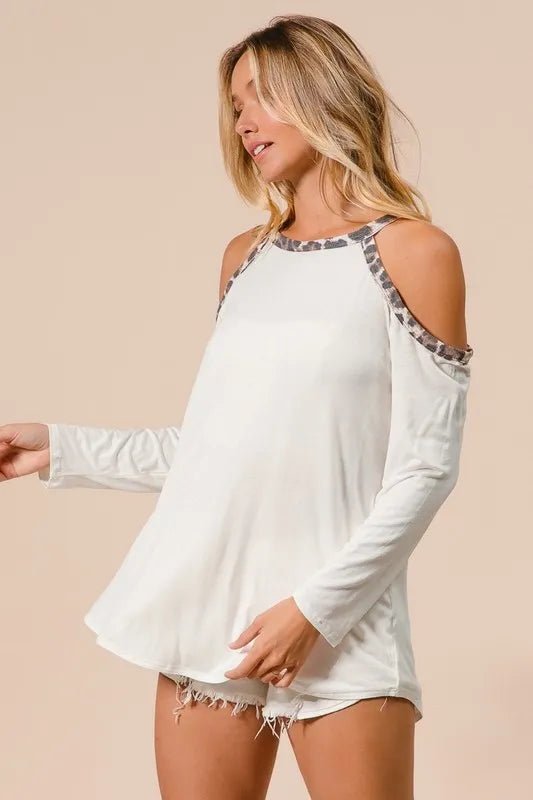 BiBi - Leopard Trim Cold Shoulder Long Sleeve Top in Cream