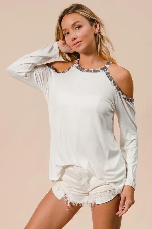 BiBi - Leopard Trim Cold Shoulder Long Sleeve Top in Cream
