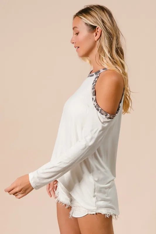 BiBi - Leopard Trim Cold Shoulder Long Sleeve Top in Cream