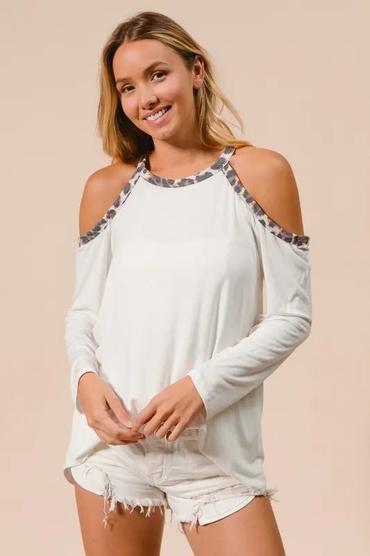 BiBi - Leopard Trim Cold Shoulder Long Sleeve Top in Cream