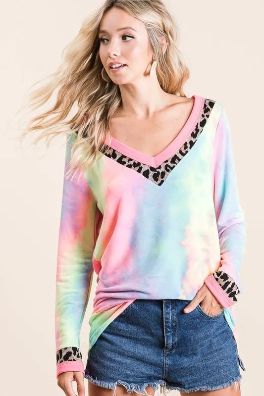 BiBi - Leopard Trim V - Neck Pullover in Rainbow Tie - Dye