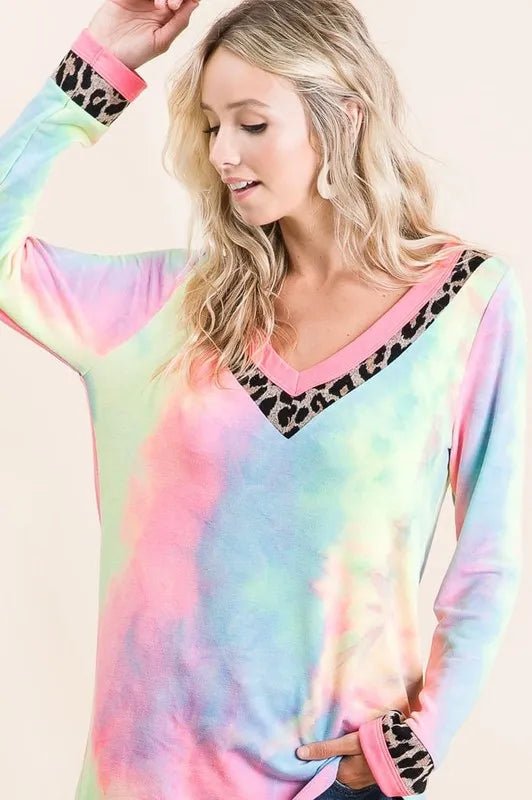 BiBi - Leopard Trim V - Neck Pullover in Rainbow Tie - Dye