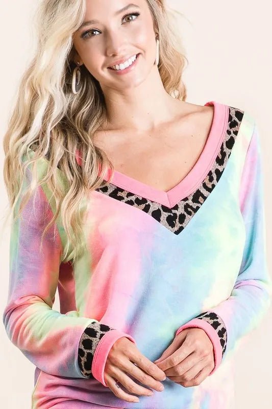 BiBi - Leopard Trim V - Neck Pullover in Rainbow Tie - Dye