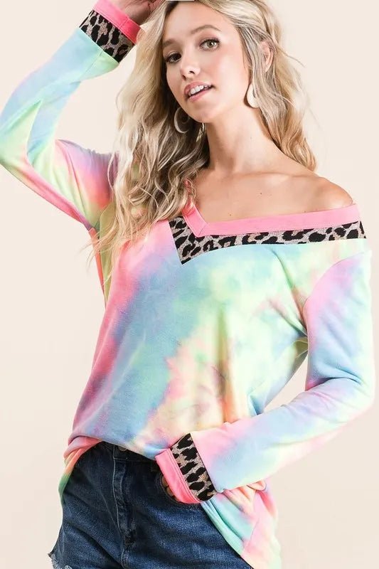 BiBi - Leopard Trim V - Neck Pullover in Rainbow Tie - Dye