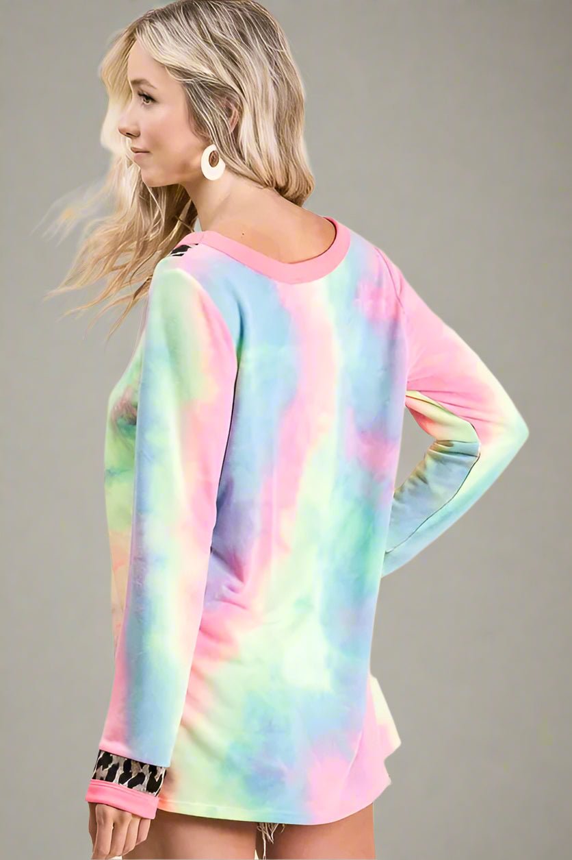 BiBi - Leopard Trim V - Neck Pullover in Rainbow Tie - Dye