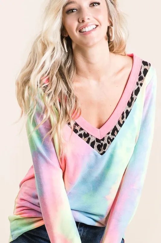 BiBi - Leopard Trim V - Neck Pullover in Rainbow Tie - Dye