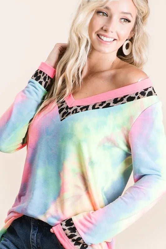 BiBi - Leopard Trim V - Neck Pullover in Rainbow Tie - Dye