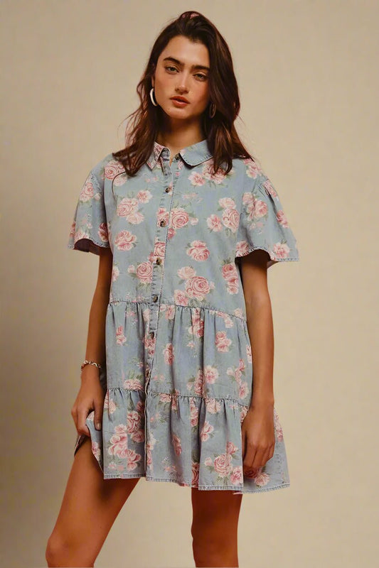 BiBi - Light Wash Denim Floral Button Down Mini Dress