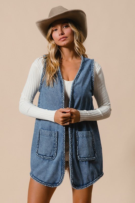 BiBi - Medium Wash Braided Trim Denim Vest with Pockets