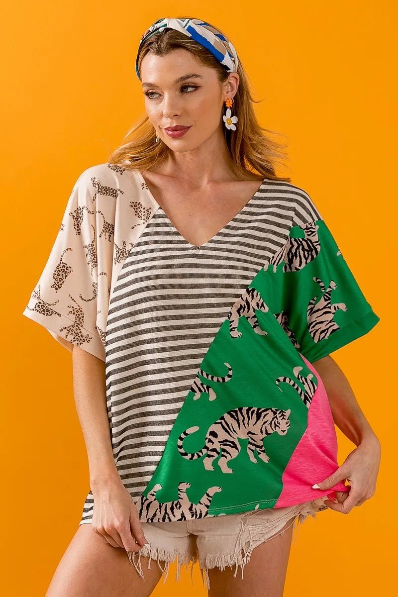 BiBi - Mixed Animal Print V - Neck Tee in Light Taupe & Green