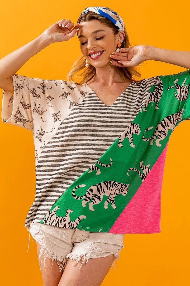 BiBi - Mixed Animal Print V - Neck Tee in Light Taupe & Green