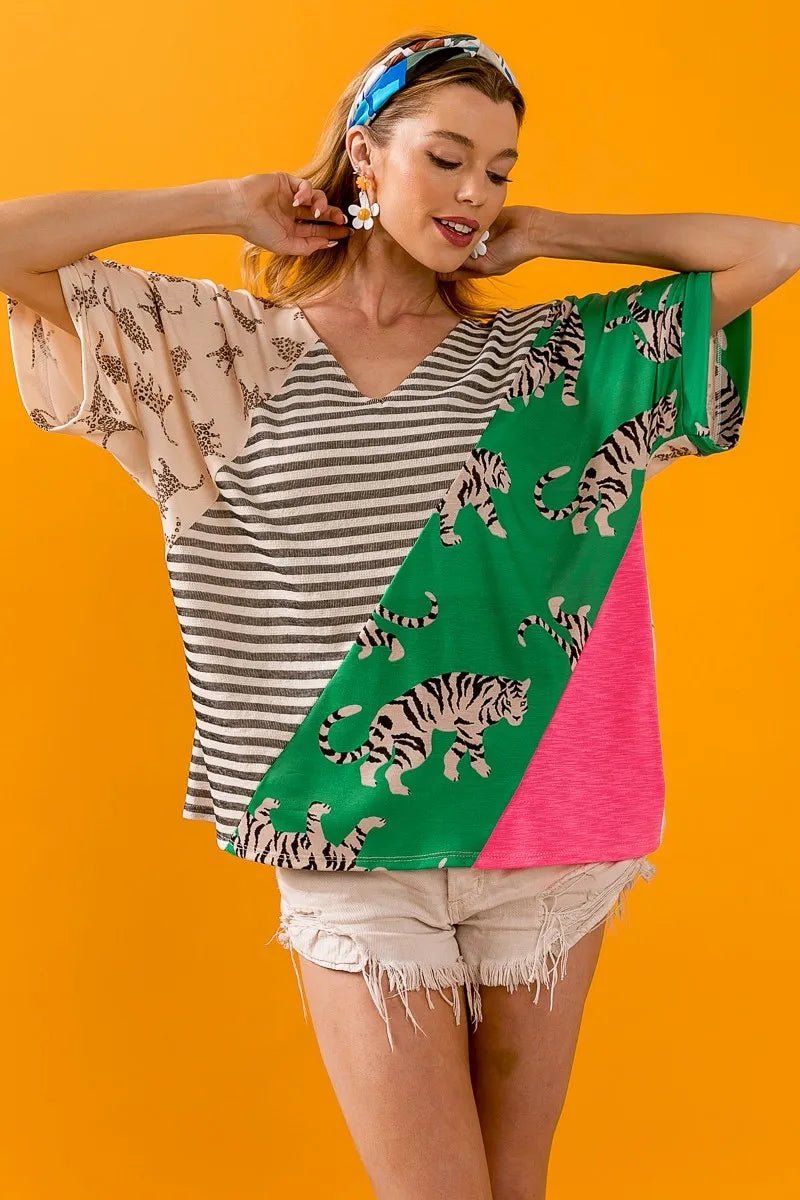 BiBi - Mixed Animal Print V - Neck Tee in Light Taupe & Green