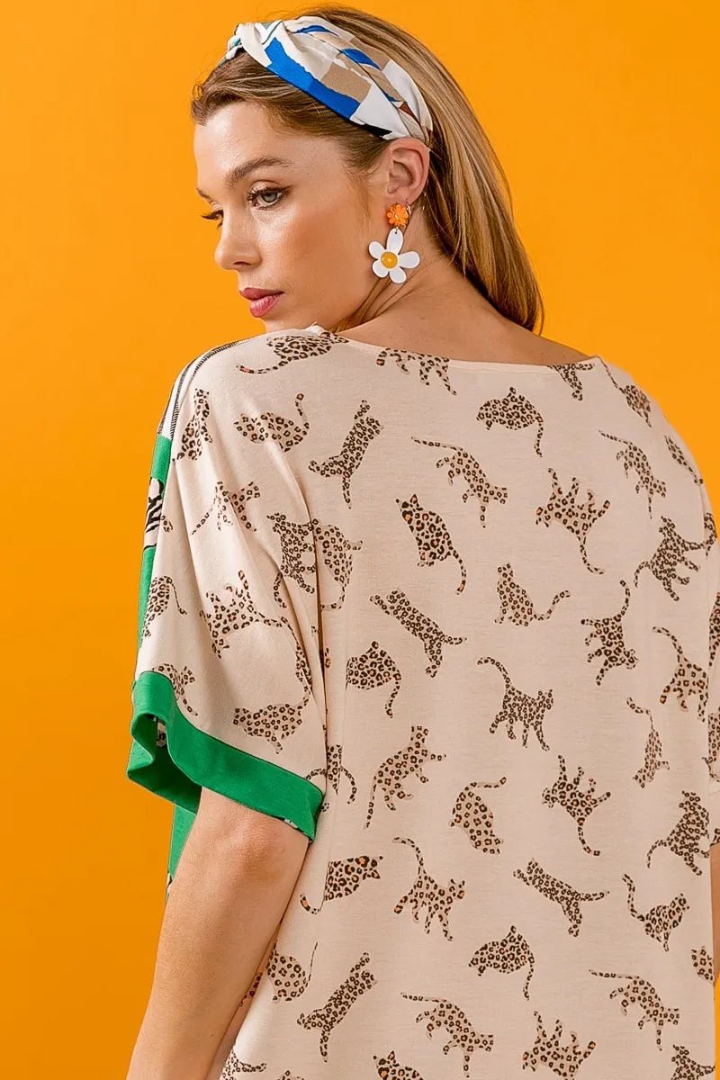 BiBi - Mixed Animal Print V - Neck Tee in Light Taupe & Green