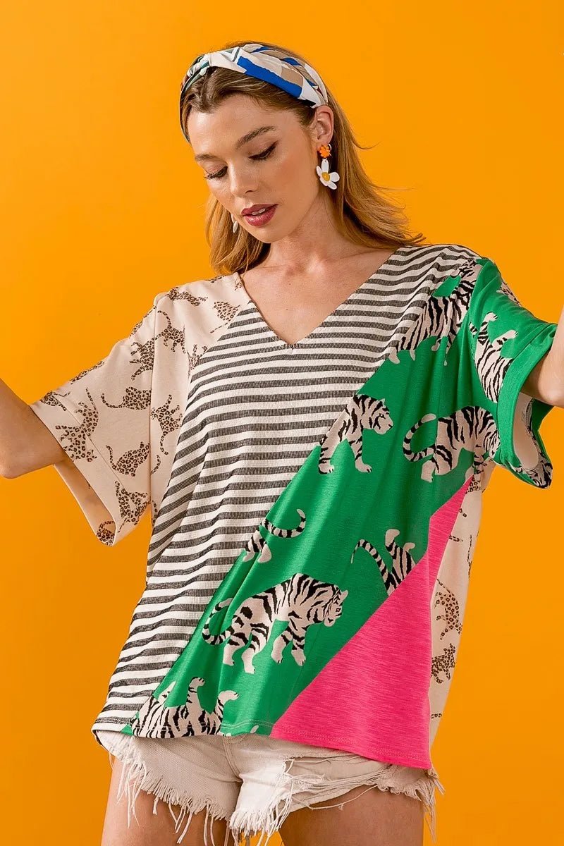 BiBi - Mixed Animal Print V - Neck Tee in Light Taupe & Green