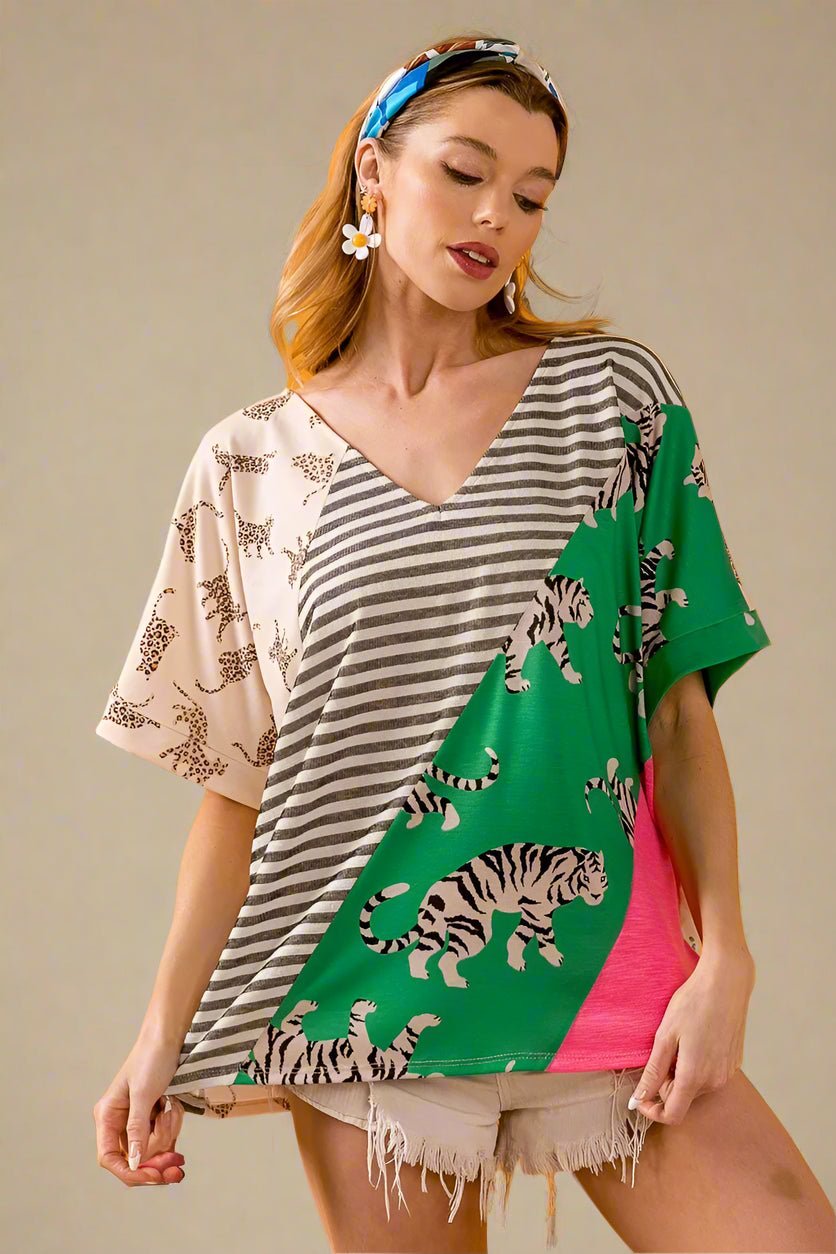 BiBi - Mixed Animal Print V - Neck Tee in Light Taupe & Green