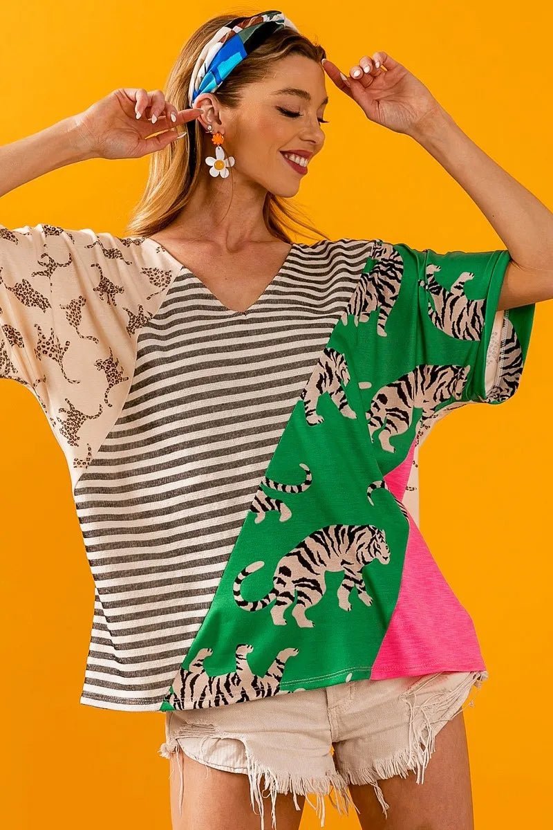 BiBi - Mixed Animal Print V - Neck Tee in Light Taupe & Green