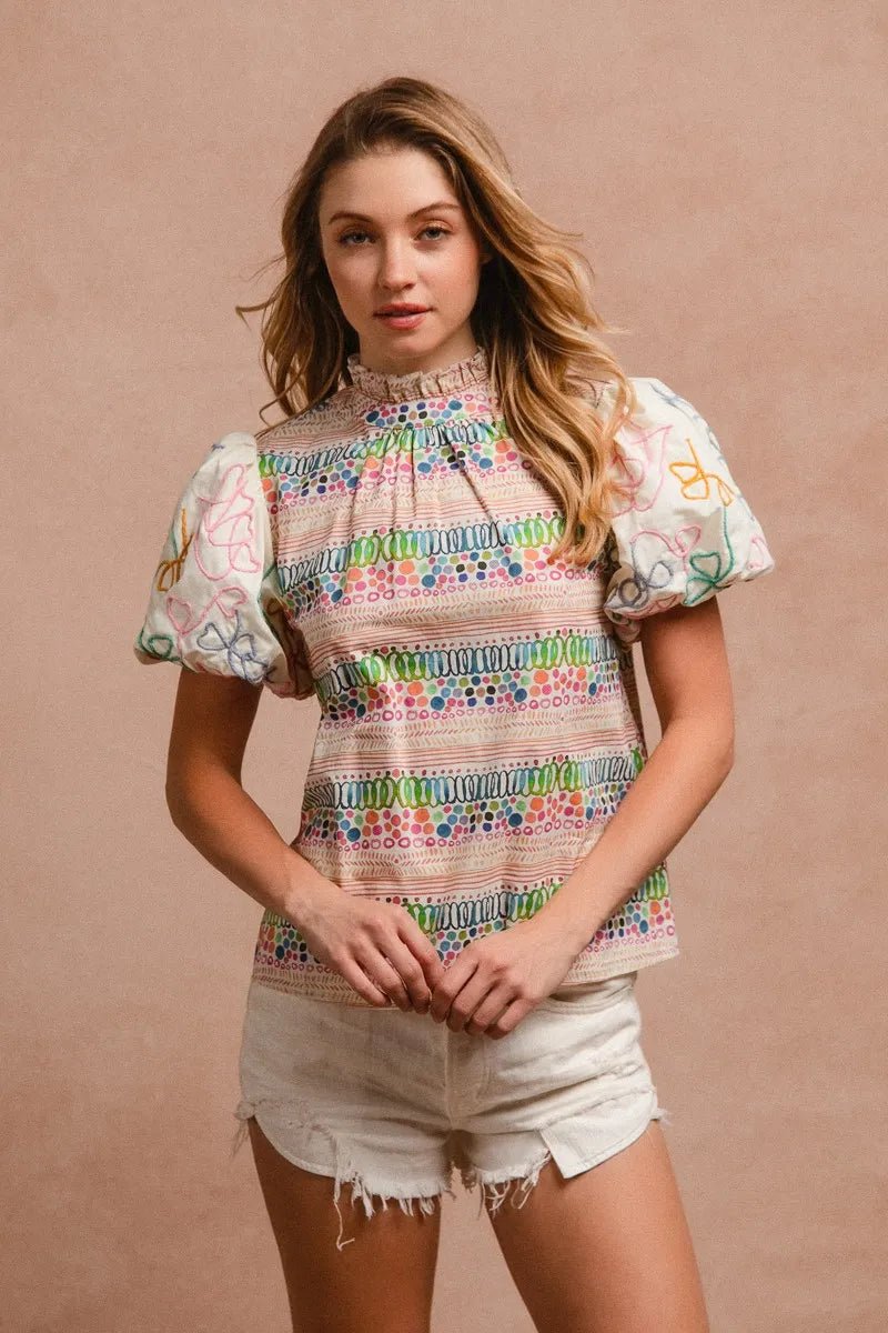 BiBi - Multi Color Embroidered Bubble Sleeve Top