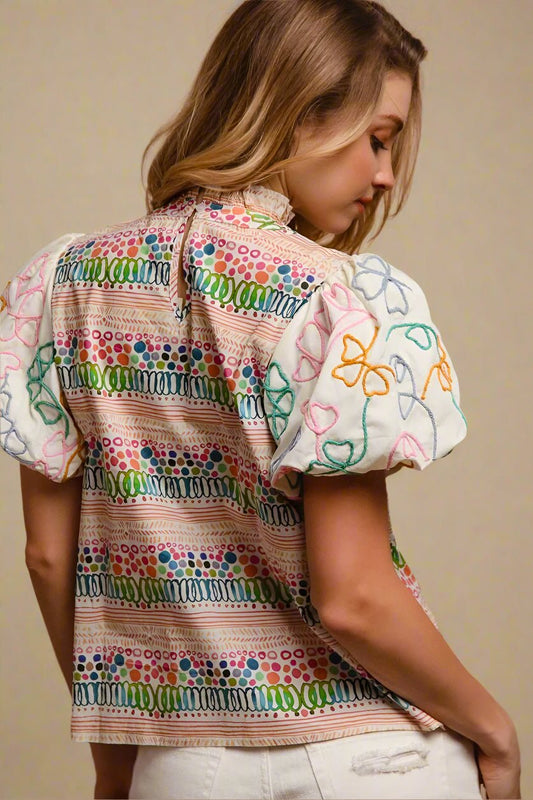 BiBi - Multi Color Embroidered Bubble Sleeve Top