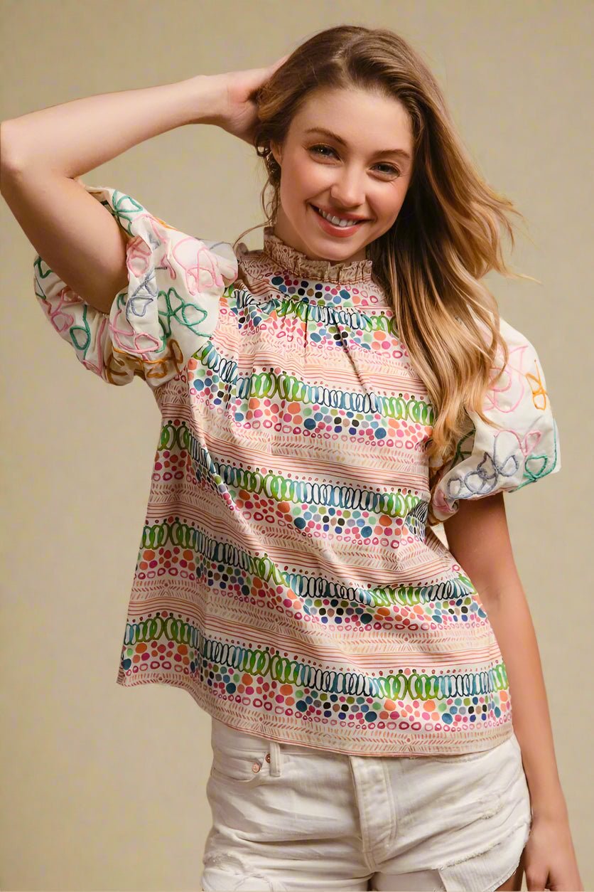 BiBi - Multi Color Embroidered Bubble Sleeve Top