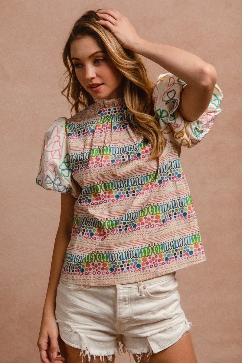 BiBi - Multi Color Embroidered Bubble Sleeve Top