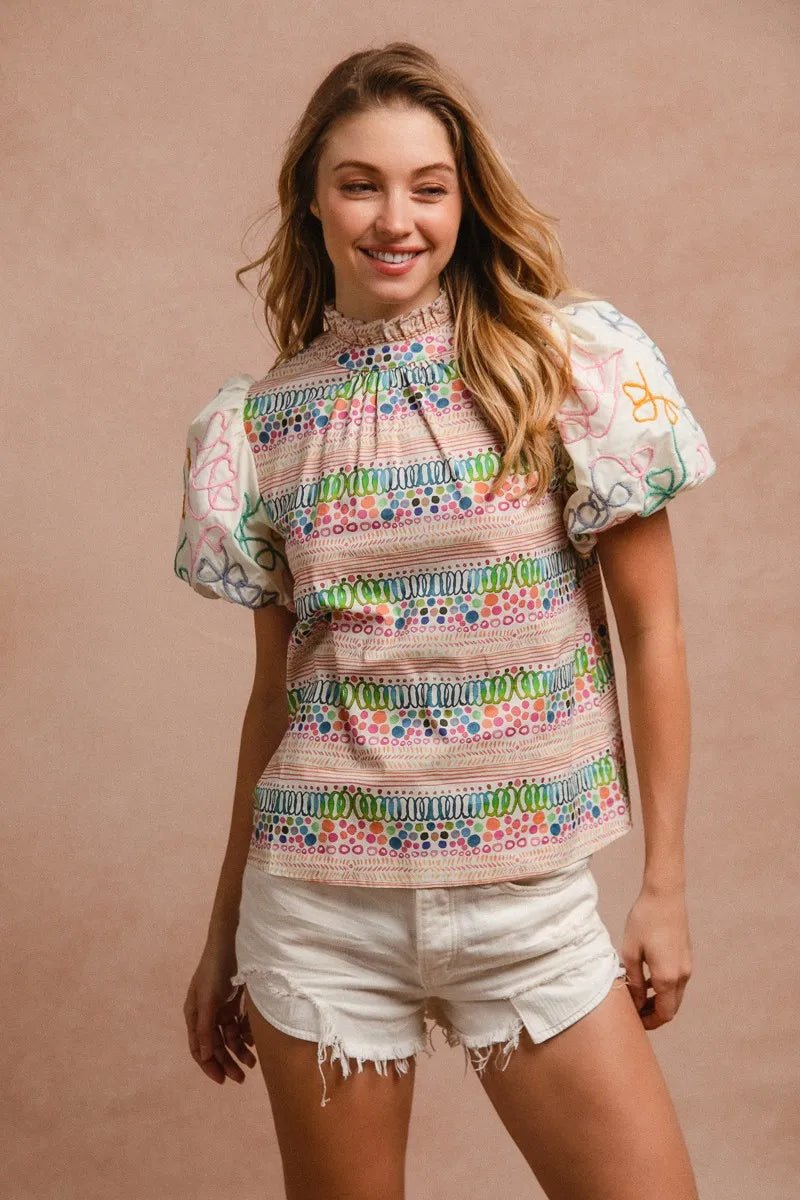 BiBi - Multi Color Embroidered Bubble Sleeve Top