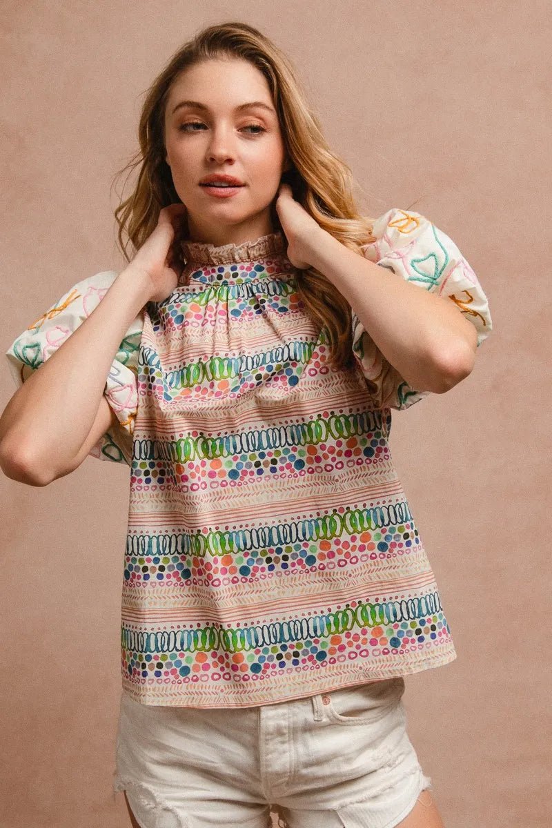 BiBi - Multi Color Embroidered Bubble Sleeve Top