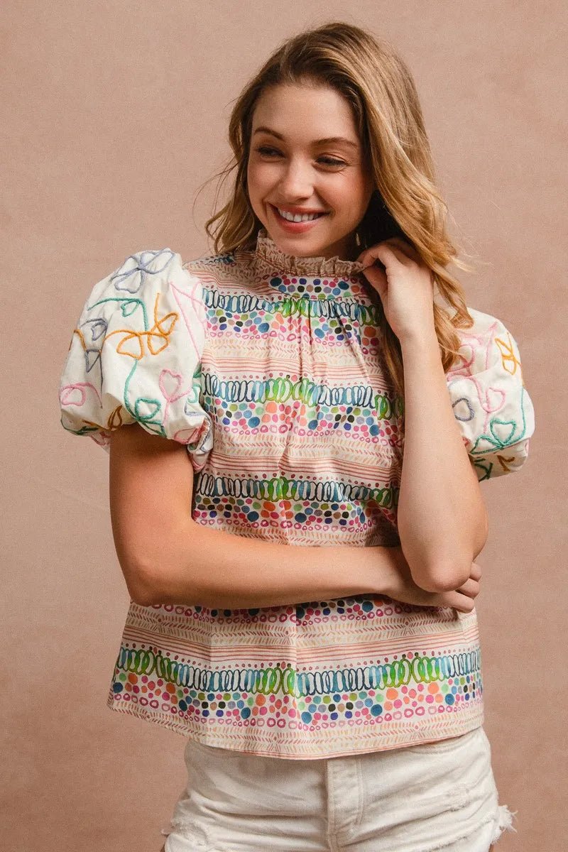 BiBi - Multi Color Embroidered Bubble Sleeve Top