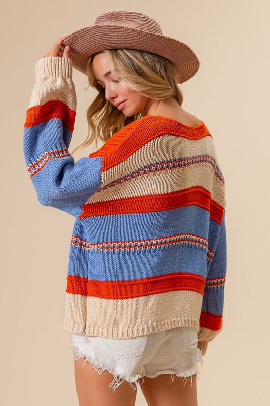 BiBi - Multi Color Stripe Scoop Neck Sweater in Rust Oatmeal
