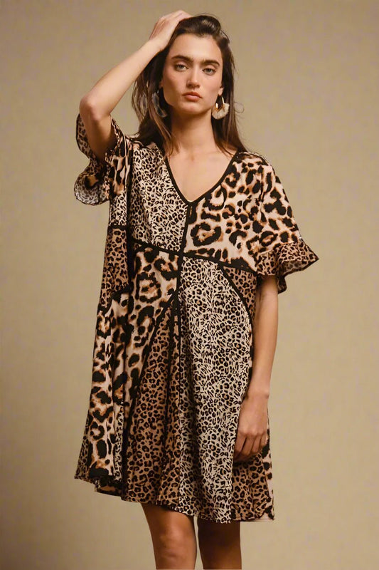 BiBi - Multi Print Leopard V - Neck Ruffle Sleeve Mini Dress