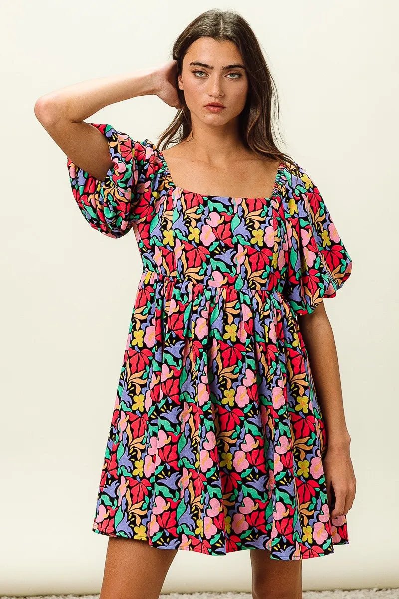 BiBi - Multicolor Floral Print Puff Sleeve Babydoll Dress
