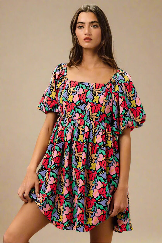 BiBi - Multicolor Floral Print Puff Sleeve Babydoll Dress