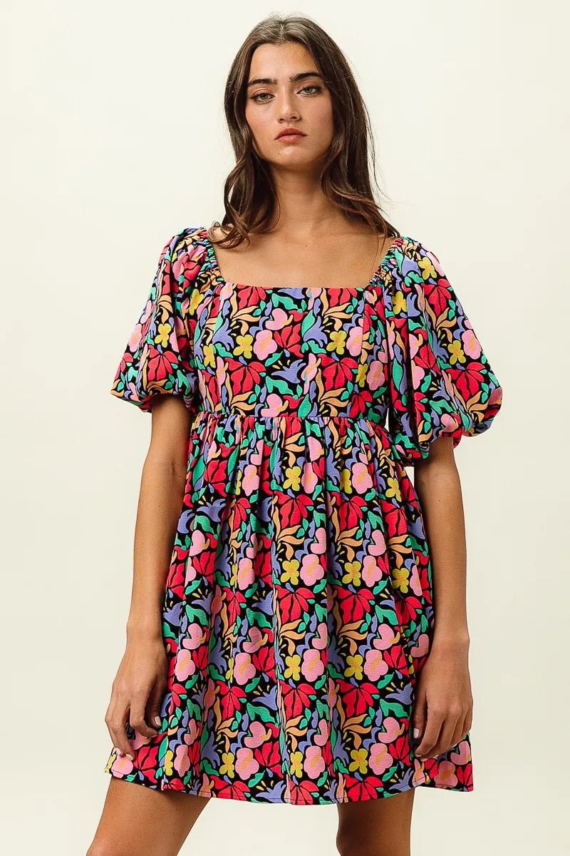 BiBi - Multicolor Floral Print Puff Sleeve Babydoll Dress