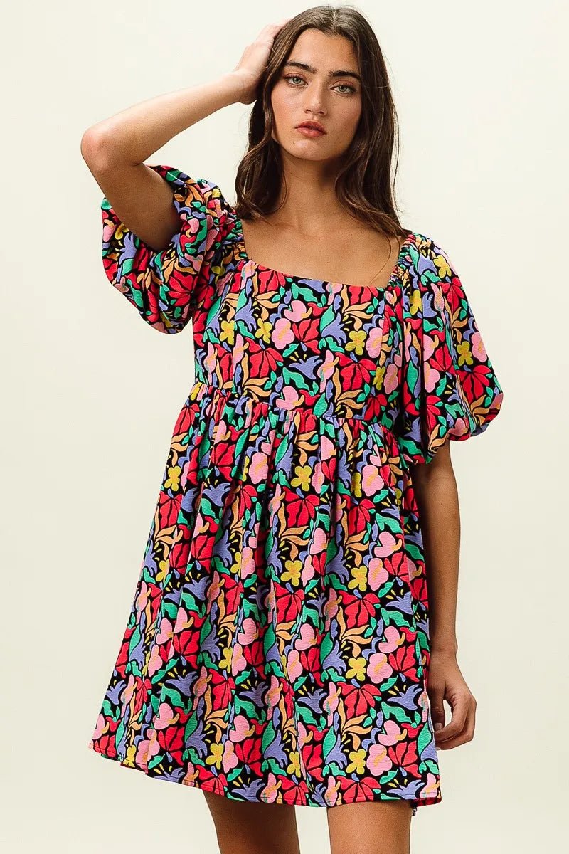 BiBi - Multicolor Floral Print Puff Sleeve Babydoll Dress