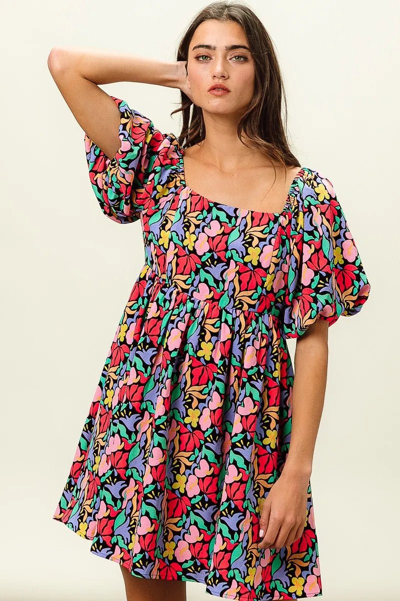 BiBi - Multicolor Floral Print Puff Sleeve Babydoll Dress