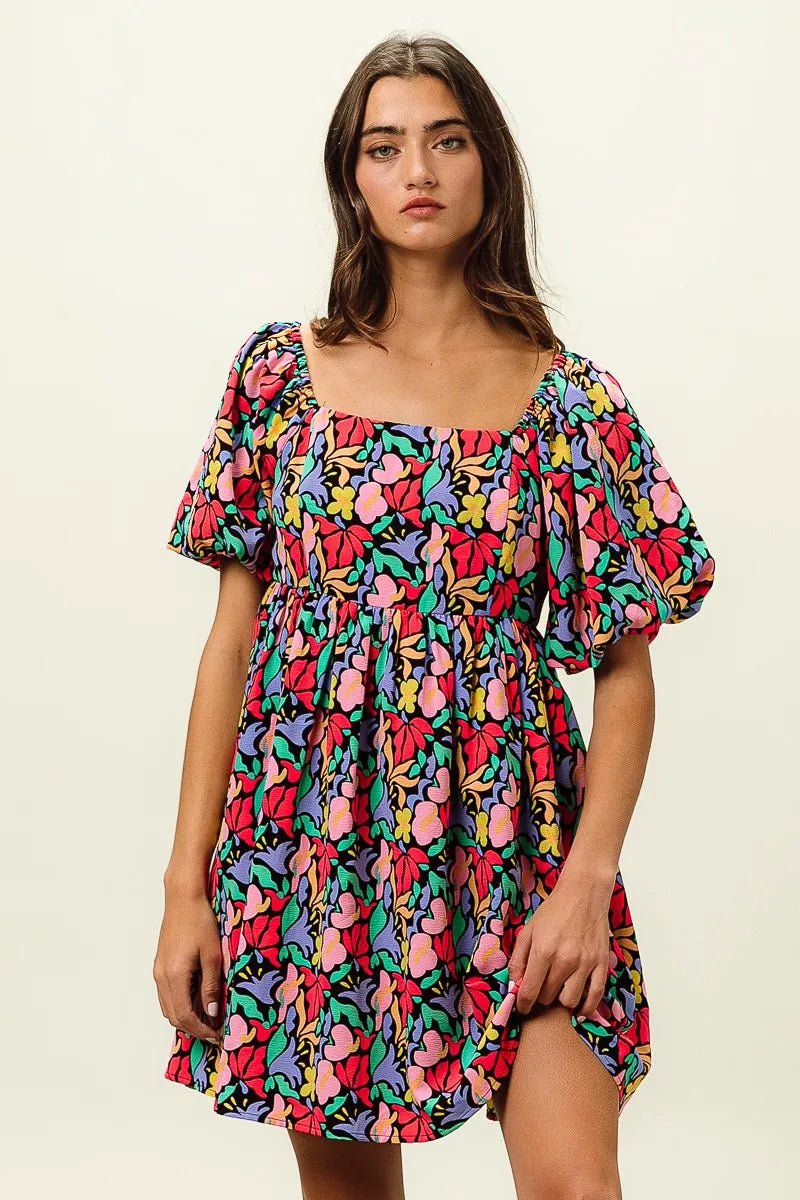 BiBi - Multicolor Floral Print Puff Sleeve Babydoll Dress