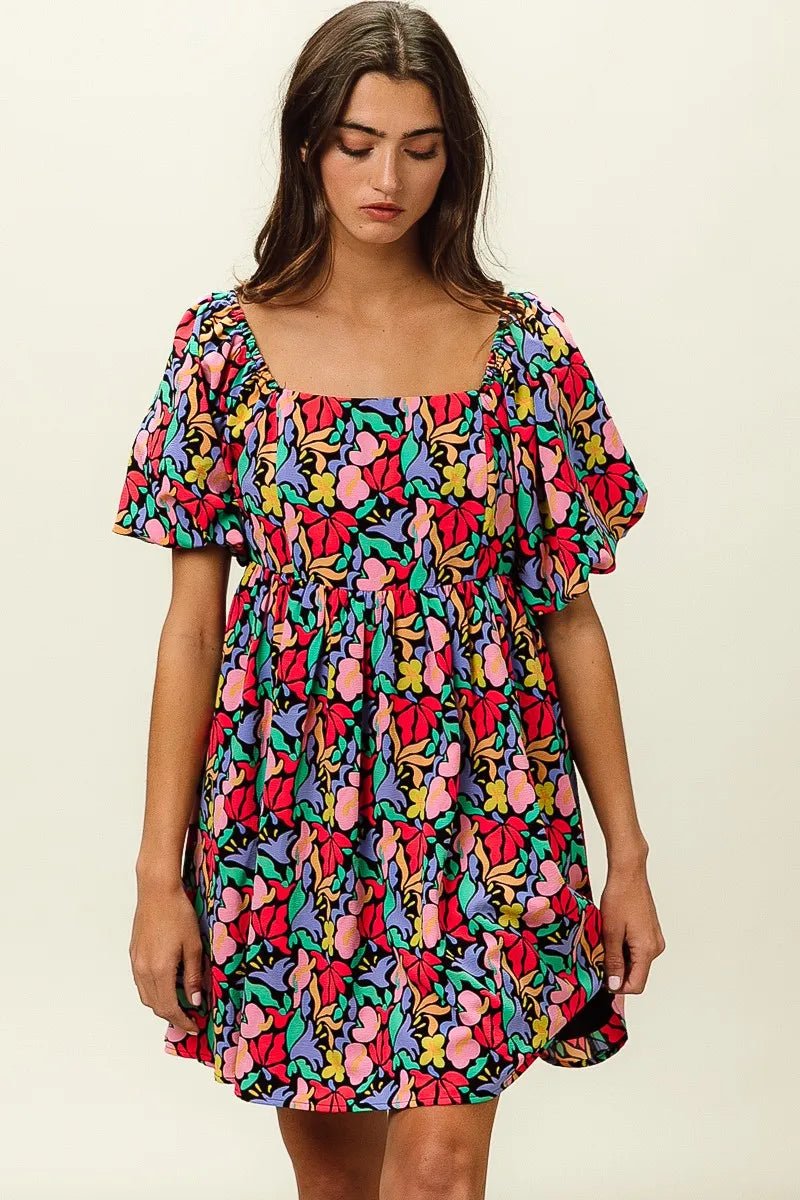 BiBi - Multicolor Floral Print Puff Sleeve Babydoll Dress