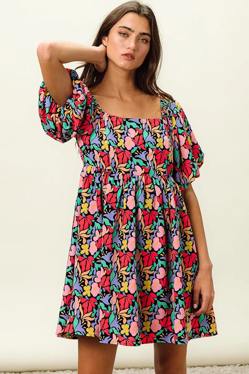BiBi - Multicolor Floral Print Puff Sleeve Babydoll Dress